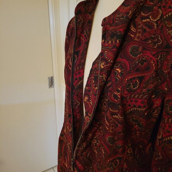 90s Paisley Zip Jacket Deep Red Notations Petite L Shoulder Pads Waist Seam - Picture 3 of 9